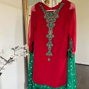 Pakistani Red and green Shararah set.